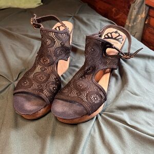 Black Lace Wedge Sandals with Ankle Strap